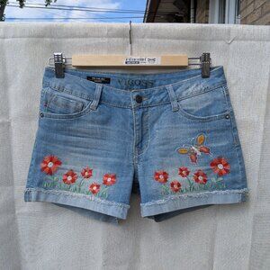 Vigoss blue jean shorts with red flower&butterfly embroidery